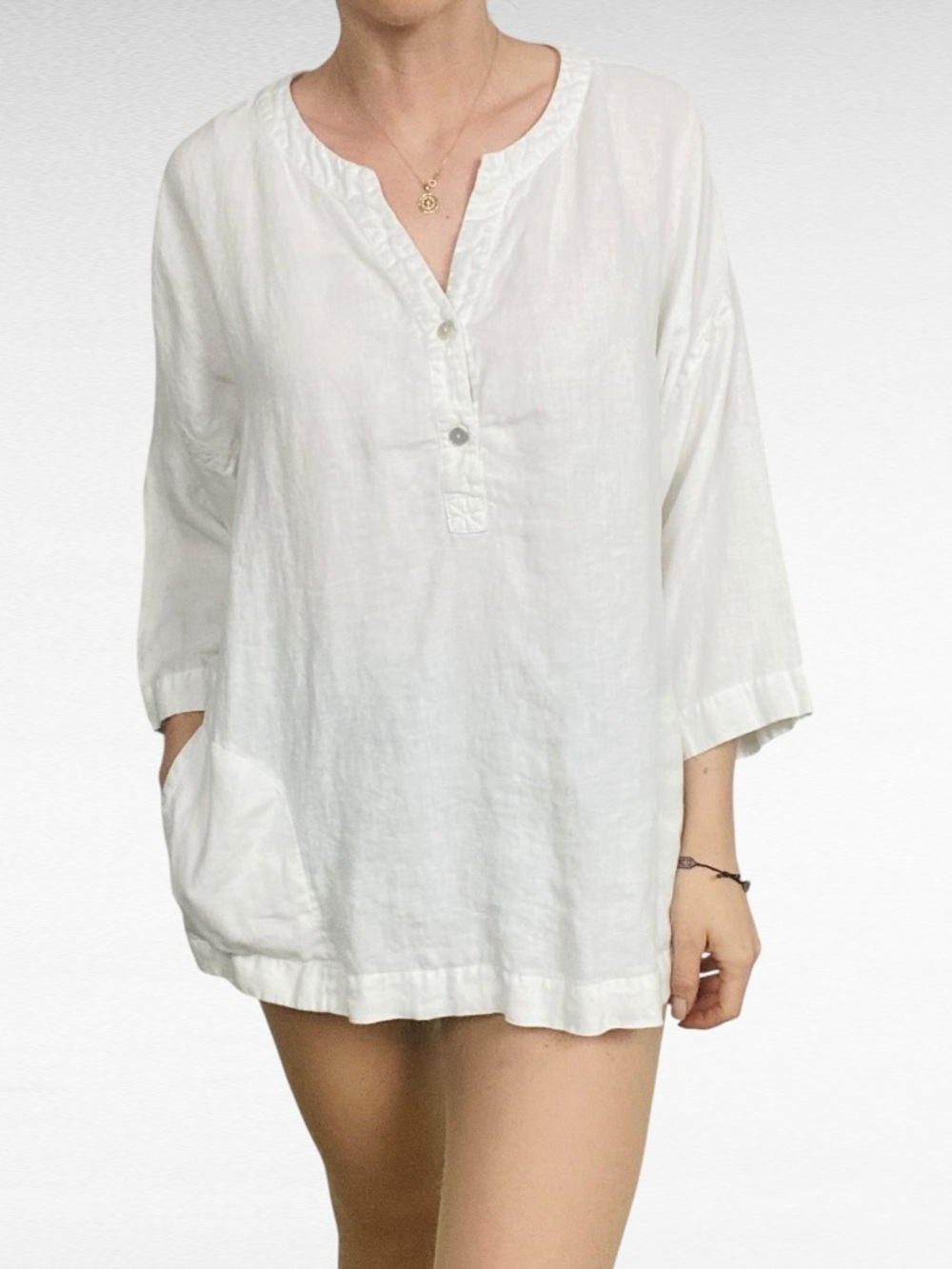 Eileen Fisher White Organic Linen Minimalist Oversized Coastal Tunic w/Pockets